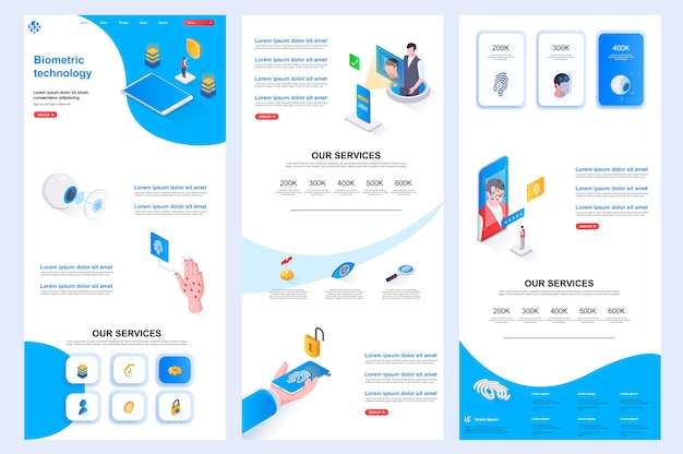 Biometric technology isometric website template landing page middle content and footer