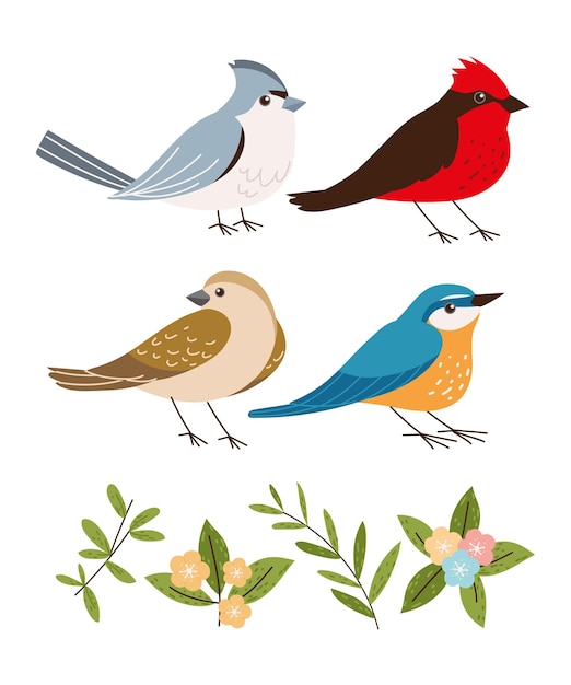 birds and flowers icon set