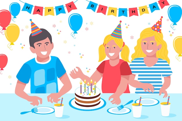 Vector birthday children. cute girls and boys. happy smiling kids. birthday party. sweet cake.