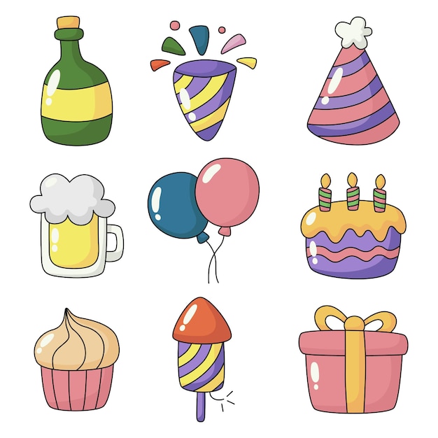 birthday icons party celebration carnival festive items isolated on white background