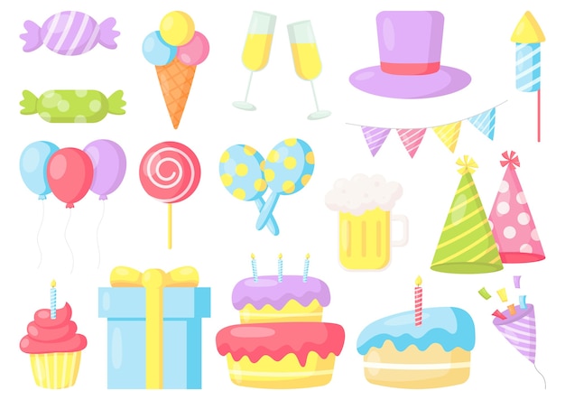 birthday party celebration carnival festive items isolated on white background