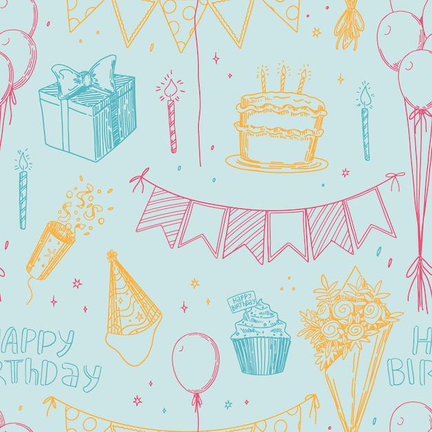 Birthday party vector seamless pattern Outline illustrations of cake candles gift box festive flags bouquet balloons Bright retro style ornament