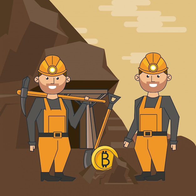 Vector bitcoin mining cartoons