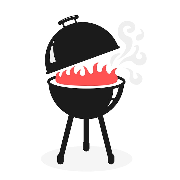 Black BBQ Grill Cooking with Smoke and Flame vector icon.