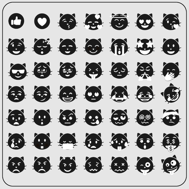 black cat emoticons in one big set emoji vector set