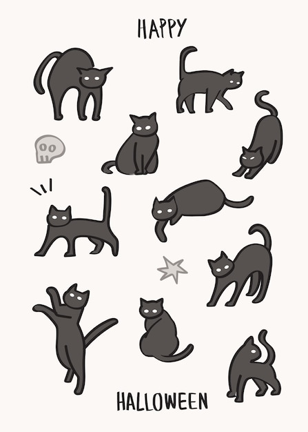 Vector black cats in many cute and funny gestures illustratio halloween theme