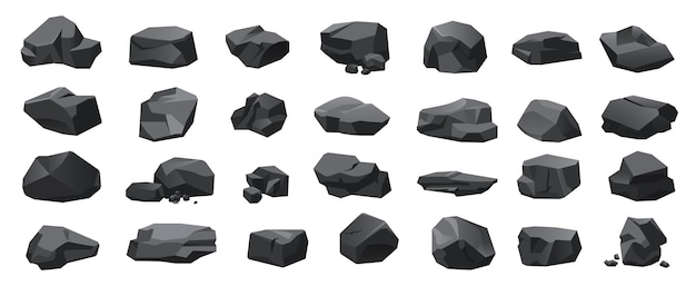 Vector black coal set lumps basalt rocks and anthracite charcoal pile and pieces of iron ore