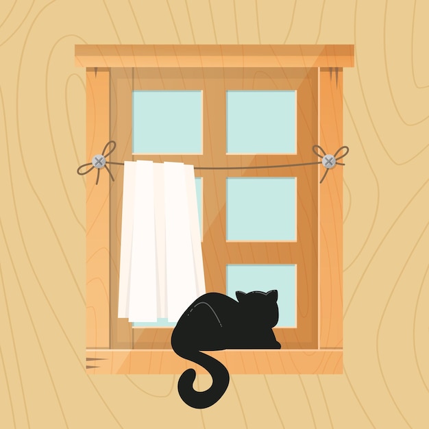 Black comic cat sitting on wooden windowsill vector illustration