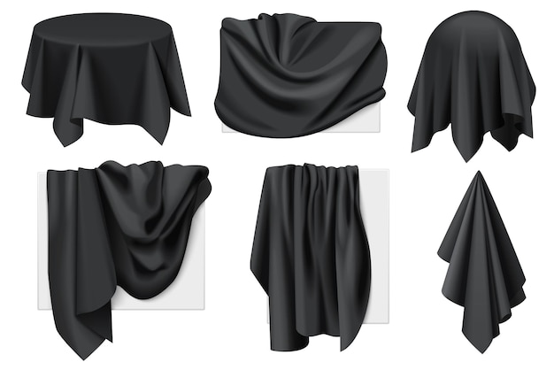 Vector black covers of objects with drapery set 3d realistic isolated hidden presentation