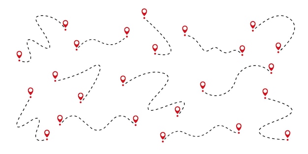 Vector black dotted line path with red location pin pointers travel path set line path collection way and location pointers gps concept vector graphic eps 10