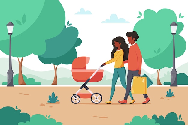 Black family with baby carriage walking in the park. Outdoor activity