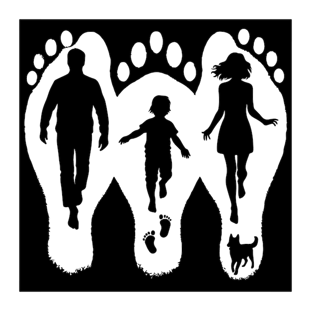 Black footprints of man child and dog turn left or right