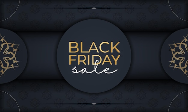 Vector black friday banner template in dark blue color with abstract gold pattern