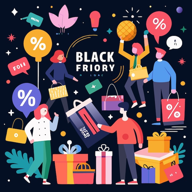 Vector black friday sale with people holding shopping bags and discount signs