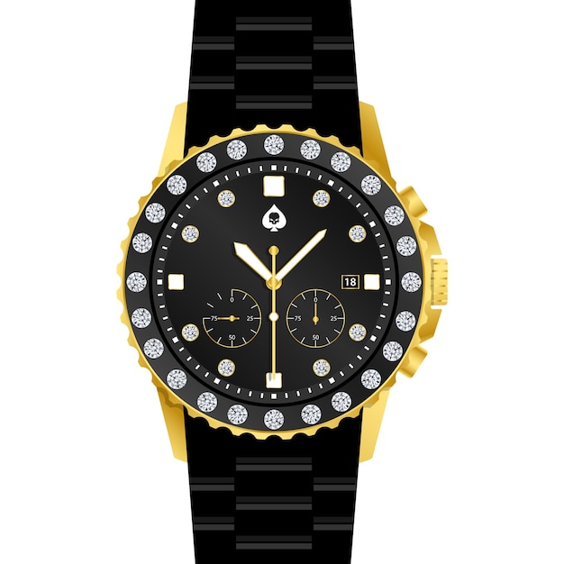 Vector a black and gold watch with diamonds on the face.