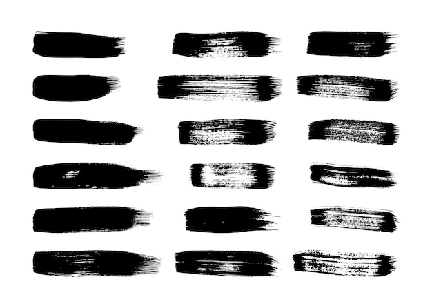 Black grunge brush strokes. Set of eighteen painted ink stripes. Ink spot isolated on white background. Vector illustration