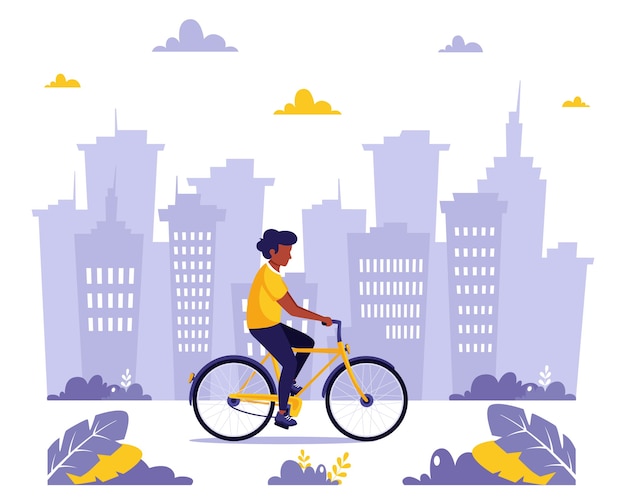 Black man riding bike in the city. Healthy lifestyle, sport, outdoor activity concept.  in flat style.