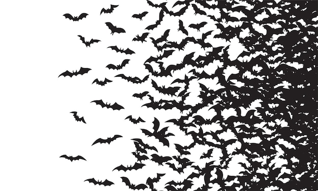 Black silhouette of flying bats flock