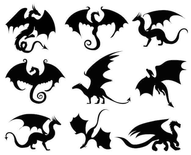 Black silhouette set dragons isolated vector