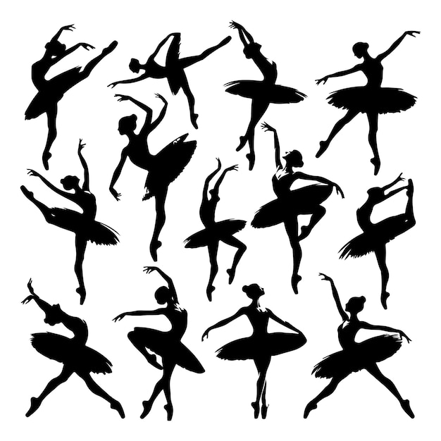 Black silhouettes of ballerinas on a white background