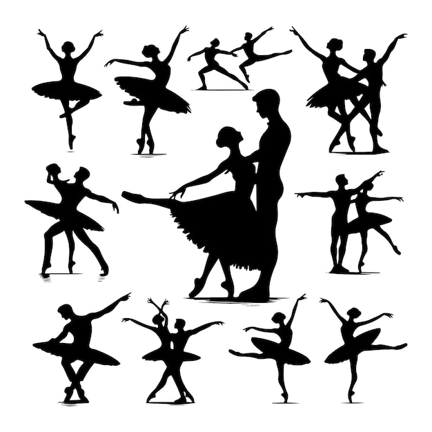 Black silhouettes of ballet couples on a white background