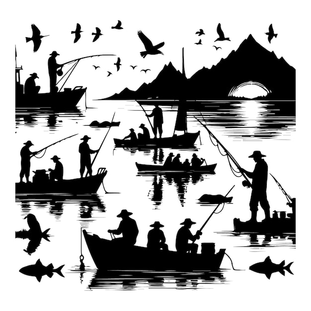 Black silhouettes of fishermen on a white background vector