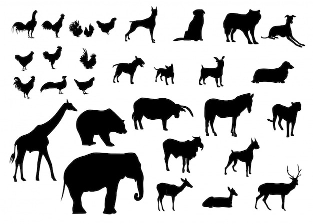 Black silhouettes set of animals various types 