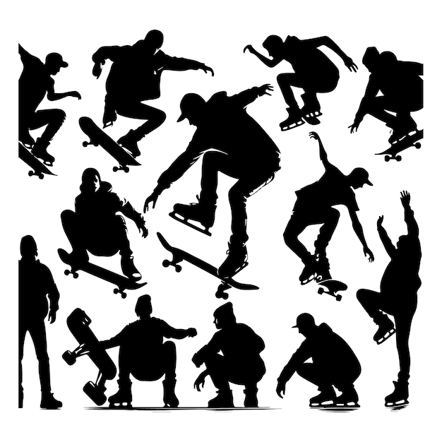 Black silhouettes of skate jumpers on a white background