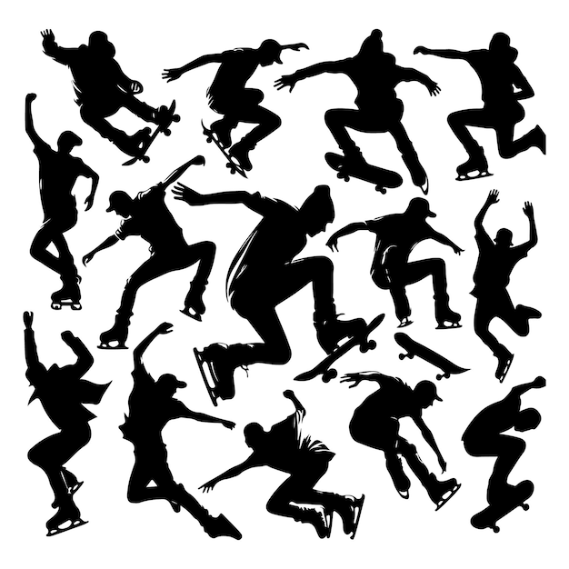 Black silhouettes of skate jumpers on a white background