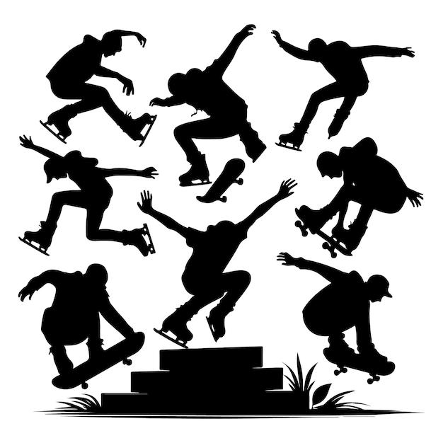 Black silhouettes of skate jumpers on a white background