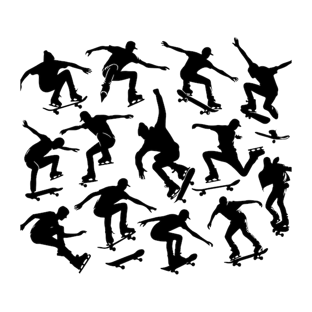 Black silhouettes of skate jumpers on a white background