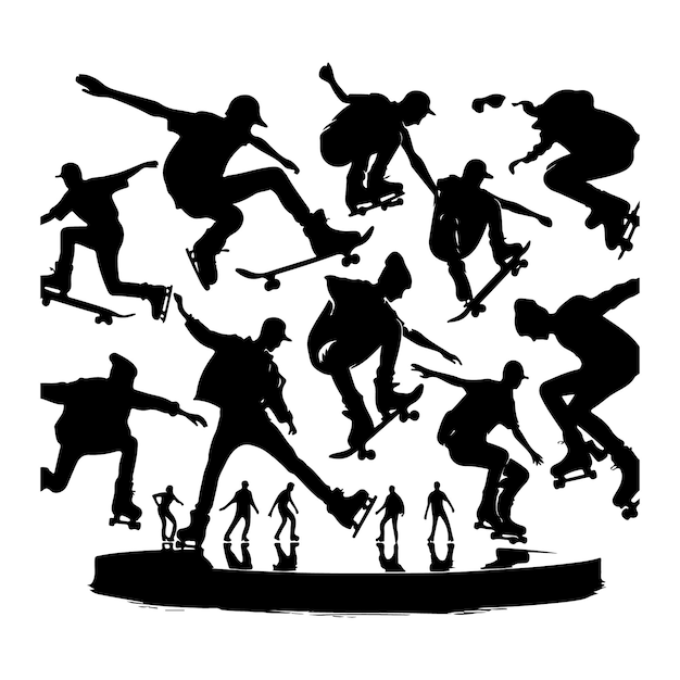 Black silhouettes of skate jumpers on a white background