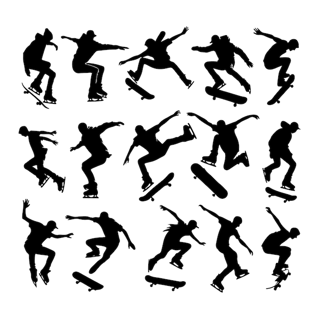 Black silhouettes of skate jumpers on a white background