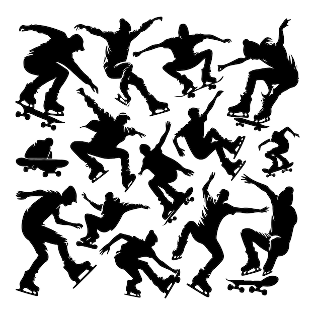 Black silhouettes of skate jumpers on a white background