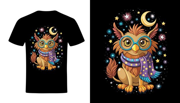 Vector a black t shirt with a owl on it and stars around it