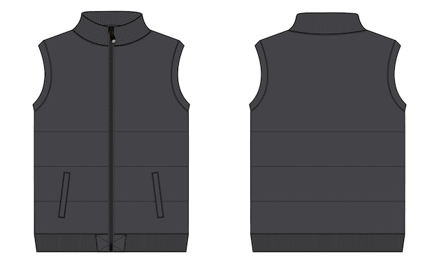 A black vest technical fashion flat sketch vector illustration template front and back views