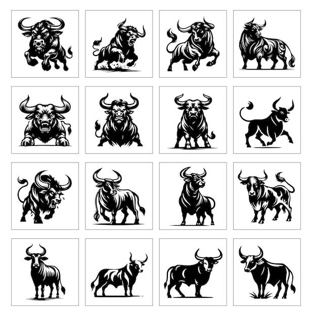 Vector a black and white bull silhouette design collection