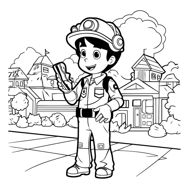 Black and White Cartoon Illustration of Fireman or Fireman Character for Coloring Book