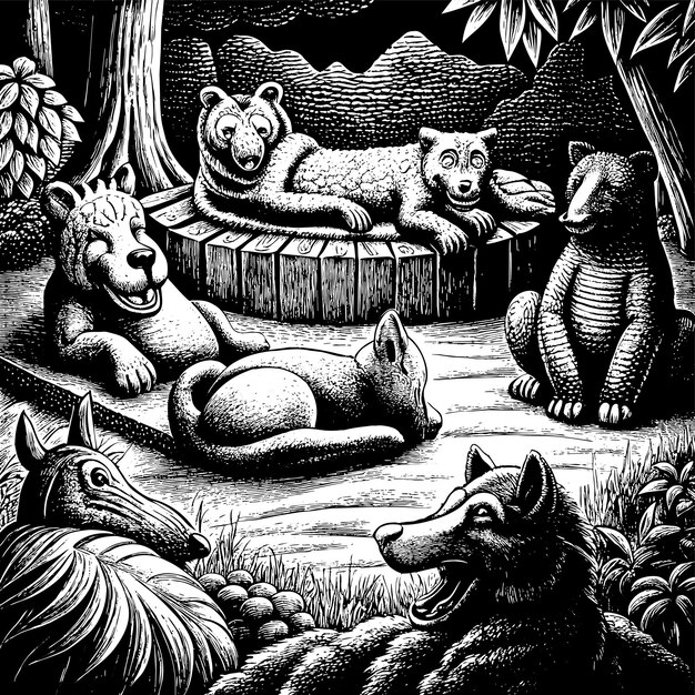 Vector a black and white drawing of a group of bears and a box with the word  h h  on it