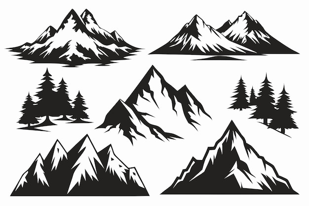 Vector a black and white drawing of a mountain with trees in the background