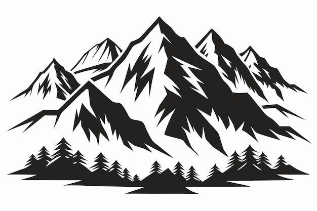 Vector a black and white drawing of a mountain with trees in the background