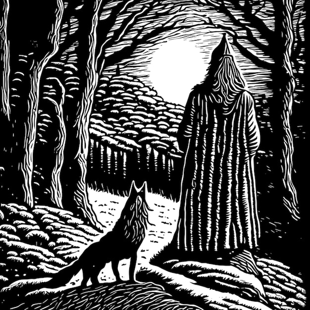 Vector a black and white drawing of a wolf and a wolf in a forest