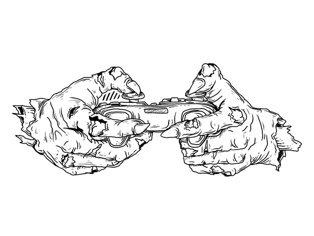 black and white hand drawn illustration zombie hand with controller game