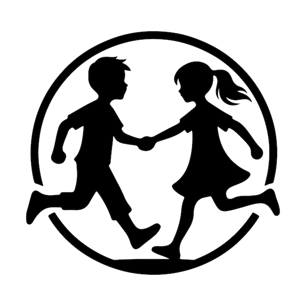 a black and white image of a boy and girl holding hands