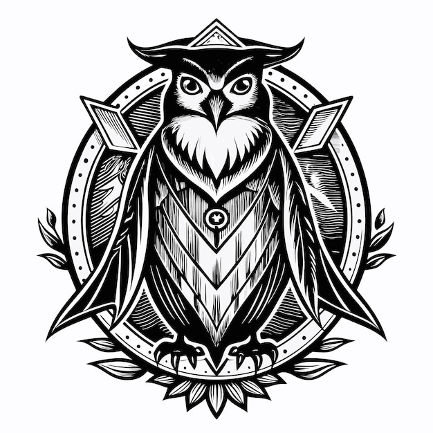 Vector a black and white owl with a feathery tail and a pointed beak