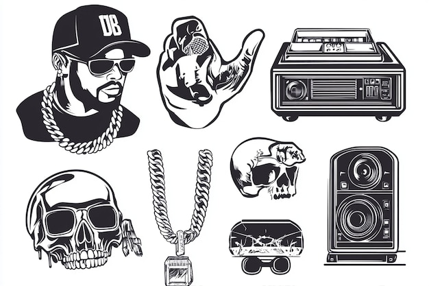 Vector black and white set of rap music elements