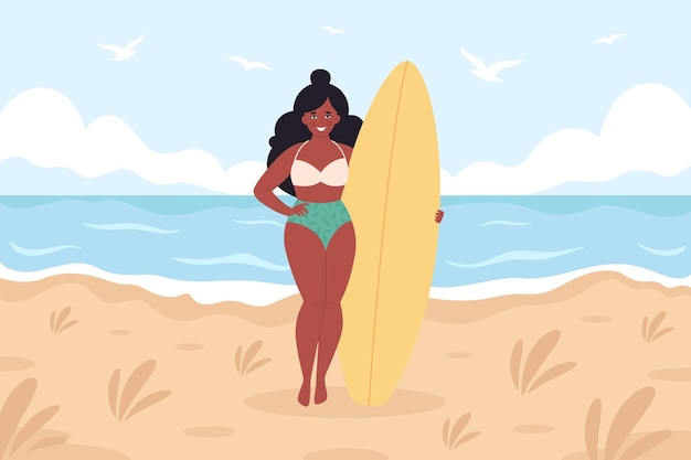 Black woman with surfboard on the beach Summer activity summertime surfing Hello summer