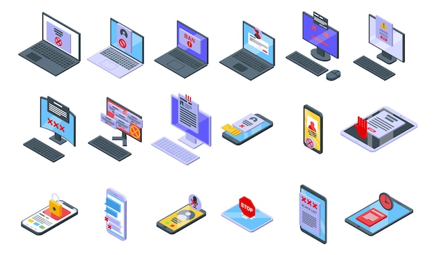 Blacklist icons set isometric vector. Account person blacklist. Avatar cancel block