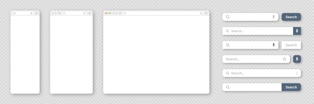 Vector blank internet browser window with various search bar templates web site engine with search box