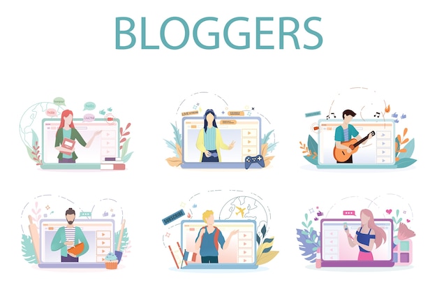 Vector blogger concept illustration. share content in the internet.